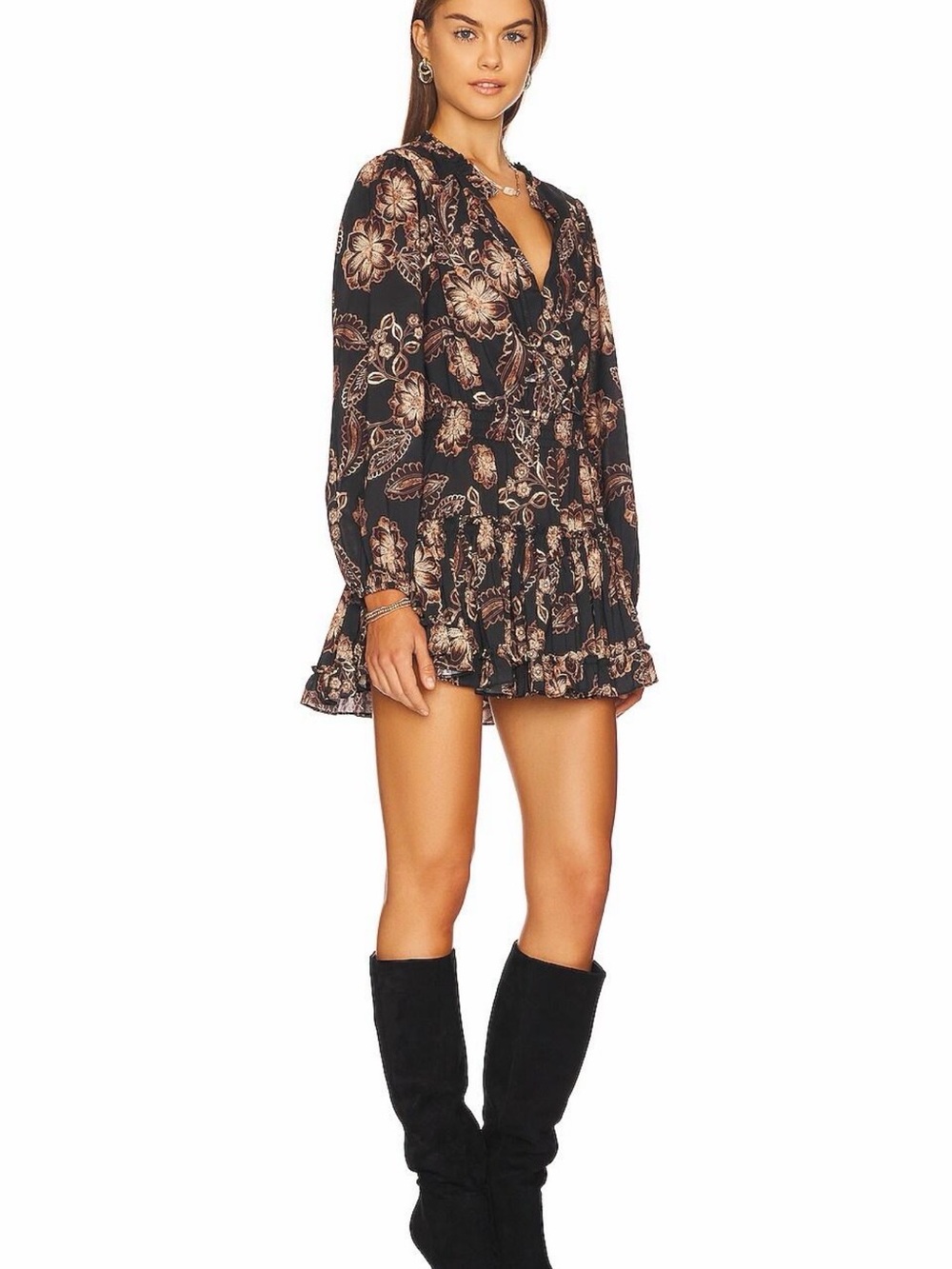Misa from Revolve Floral Long-Sleeve Mini Dress in Black and Tan